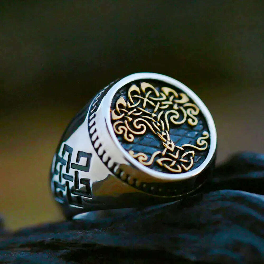 Nordic Celtics Knotwork Viking Tree of Life Yggdrasil Ring For Men Vintage Stainless Steel Viking Ring Amulet Jewelry Gift - KIMLUD