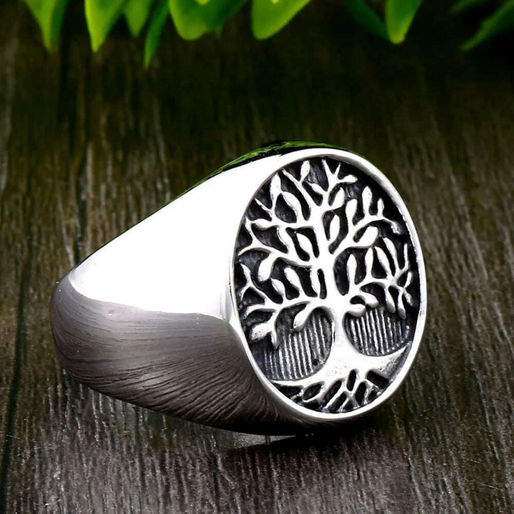 KIMLUD, Nordic Celtics Knotwork Viking Tree of Life Yggdrasil Ring For Men Vintage Stainless Steel Viking Ring Amulet Jewelry Gift, 7 / Gray / China, KIMLUD Women's Clothes