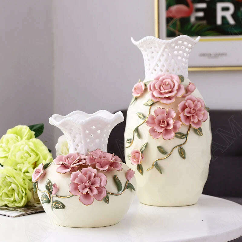 Nordic Ceramic Vases Relief Craft Office Plant Pots Rose Flower Decorative Meeting Room Dried Flowers Organizer Home Decoration - KIMLUD