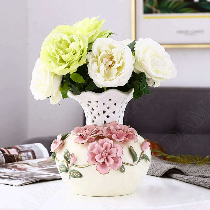 Nordic Ceramic Vases Relief Craft Office Plant Pots Rose Flower Decorative Meeting Room Dried Flowers Organizer Home Decoration - KIMLUD