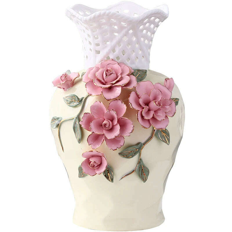 Nordic Ceramic Vases Relief Craft Office Plant Pots Rose Flower Decorative Meeting Room Dried Flowers Organizer Home Decoration - KIMLUD