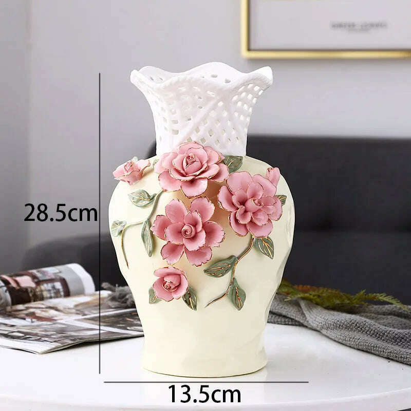 Nordic Ceramic Vases Relief Craft Office Plant Pots Rose Flower Decorative Meeting Room Dried Flowers Organizer Home Decoration - KIMLUD