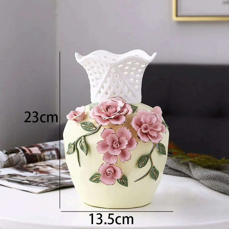 Nordic Ceramic Vases Relief Craft Office Plant Pots Rose Flower Decorative Meeting Room Dried Flowers Organizer Home Decoration - KIMLUD