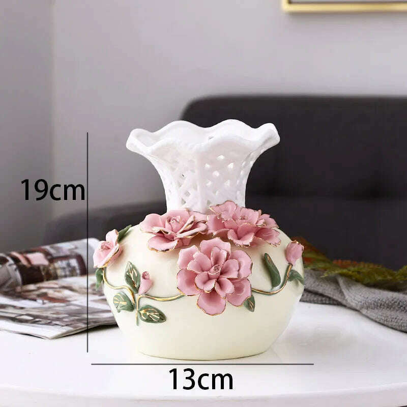 Nordic Ceramic Vases Relief Craft Office Plant Pots Rose Flower Decorative Meeting Room Dried Flowers Organizer Home Decoration - KIMLUD