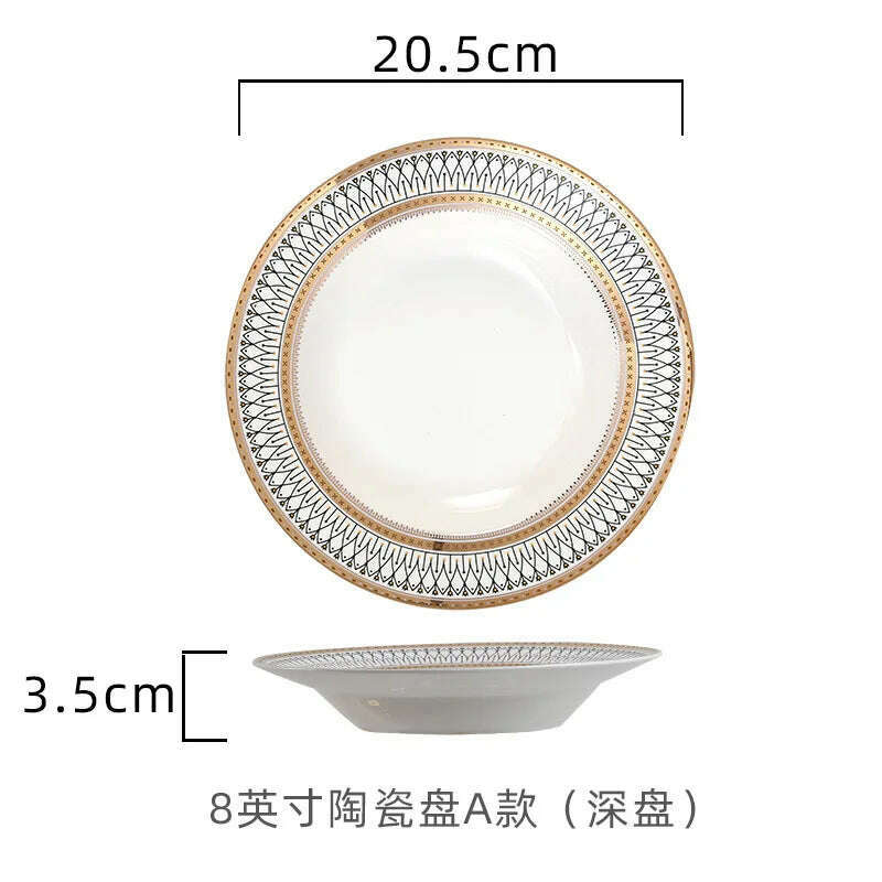KIMLUD, Nordic Gold Edge Ceramic Tableware Dishes Plates Household Dishes Rice Bowls Soup Bowls Mugs Service Plate Dining Table Set, 8 inch-soup plate, KIMLUD Womens Clothes