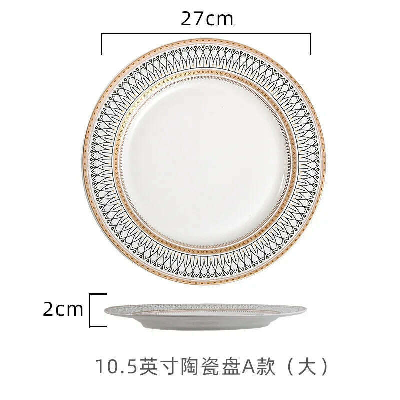 KIMLUD, Nordic Gold Edge Ceramic Tableware Dishes Plates Household Dishes Rice Bowls Soup Bowls Mugs Service Plate Dining Table Set, 10 inch-flat plate, KIMLUD Womens Clothes