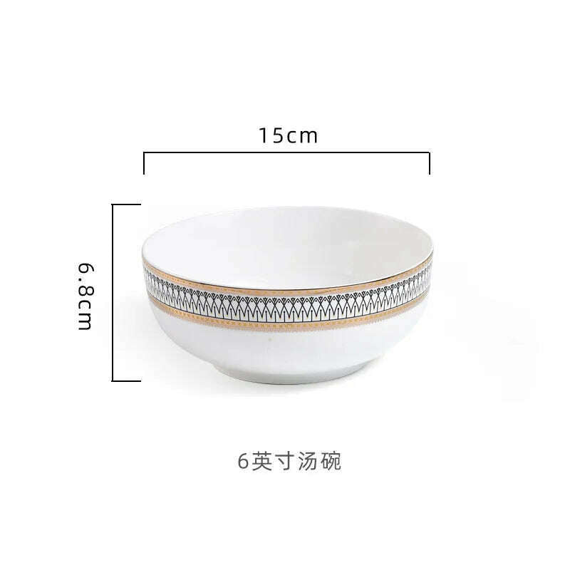 KIMLUD, Nordic Gold Edge Ceramic Tableware Dishes Plates Household Dishes Rice Bowls Soup Bowls Mugs Service Plate Dining Table Set, 6 inch-noodle bowl, KIMLUD Womens Clothes