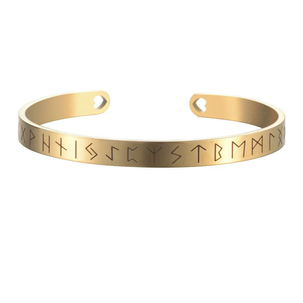 KIMLUD, Nordic Viking Rune Cuff Bracelet Adjustable Amulet Open Bangle Engraved Stainless Steel Men Women Unisex Cuff Bracelets Pulsera, 6mm Gold, KIMLUD Womens Clothes
