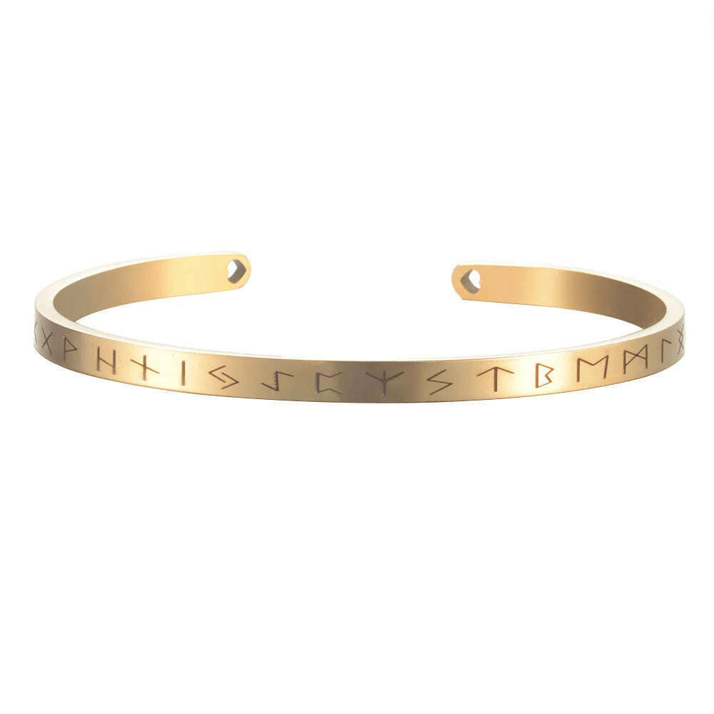 KIMLUD, Nordic Viking Rune Cuff Bracelet Adjustable Amulet Open Bangle Engraved Stainless Steel Men Women Unisex Cuff Bracelets Pulsera, 4mm Gold, KIMLUD Womens Clothes
