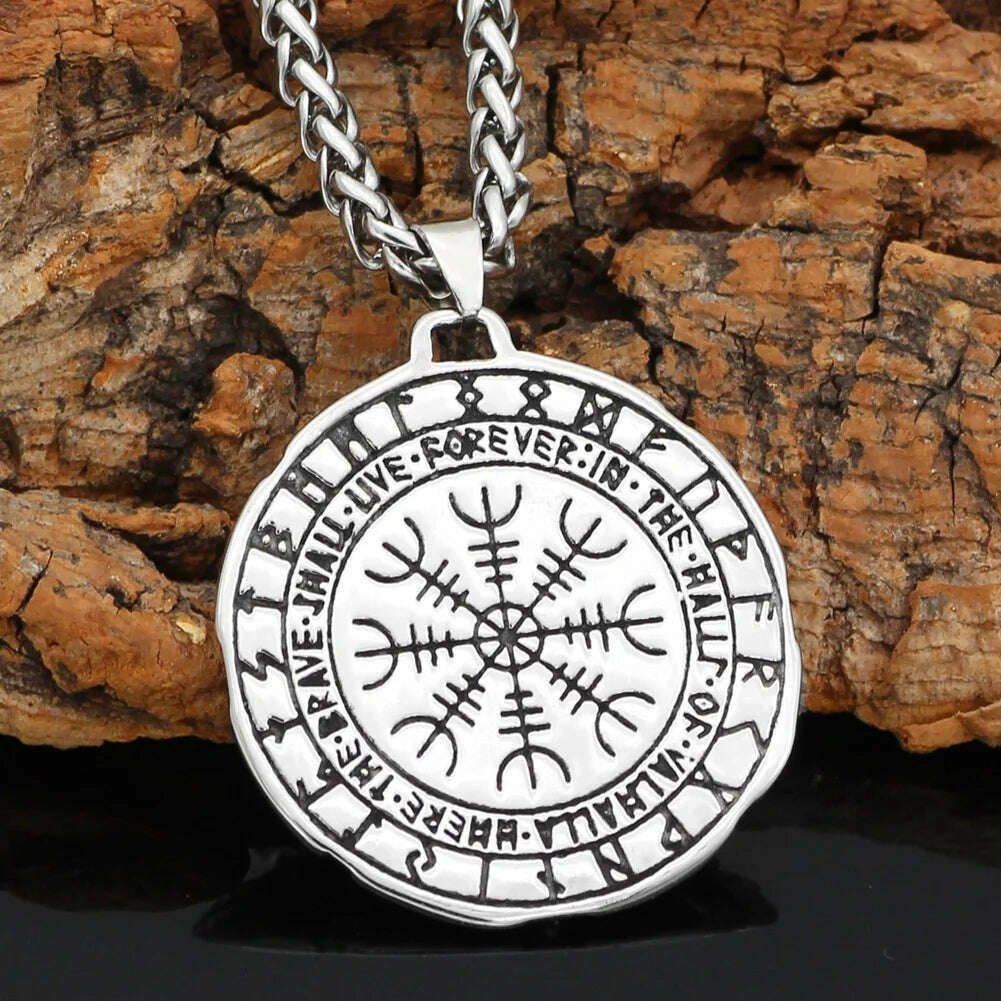 KIMLUD, Nordic Viking vegvisir Stainless Steel Rune Necklace For Men With Valknut Gift Bag, KIMLUD Womens Clothes