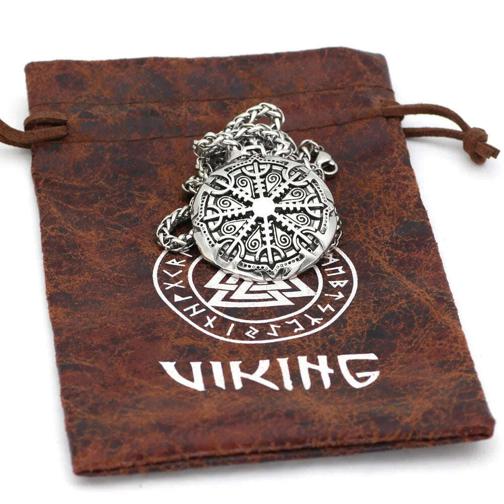 KIMLUD, Nordic Viking vegvisir Stainless Steel Rune Necklace For Men With Valknut Gift Bag, KIMLUD Women's Clothes