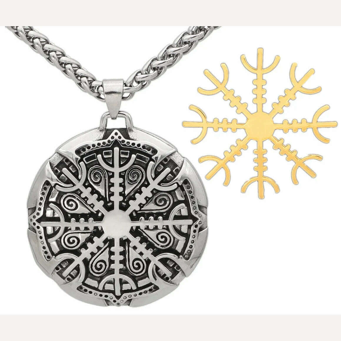 KIMLUD, Nordic Viking vegvisir Stainless Steel Rune Necklace For Men With Valknut Gift Bag, Steel color, KIMLUD APPAREL - Womens Clothes