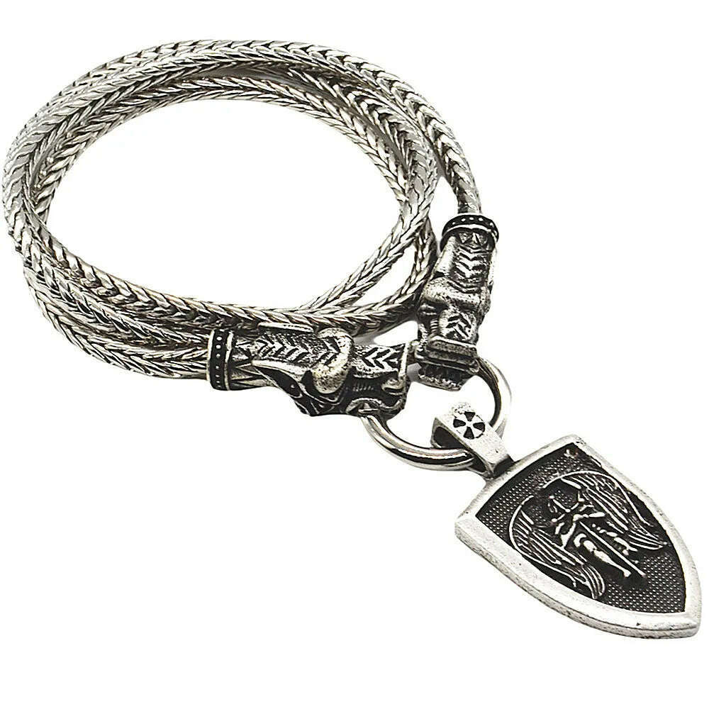 Nostalgia Archangel Michael Protect Us Saint Shield Pendant Wolf Head Amulet Talisman Metal Chain Viking Necklace Accessoires - KIMLUD