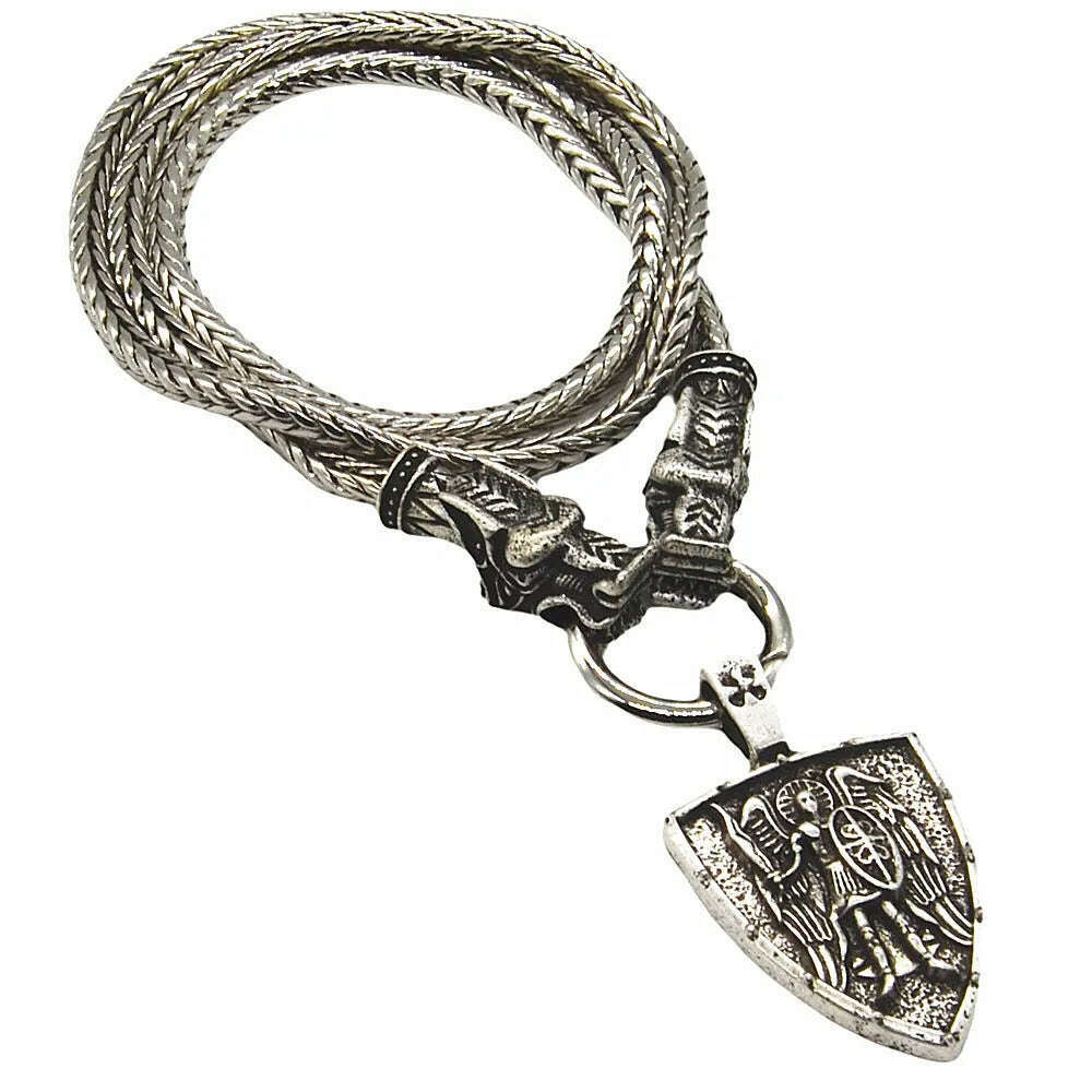 KIMLUD, Nostalgia Archangel Michael Protect Us Saint Shield Pendant Wolf Head Amulet Talisman Metal Chain Viking Necklace Accessoires, KIMLUD Womens Clothes