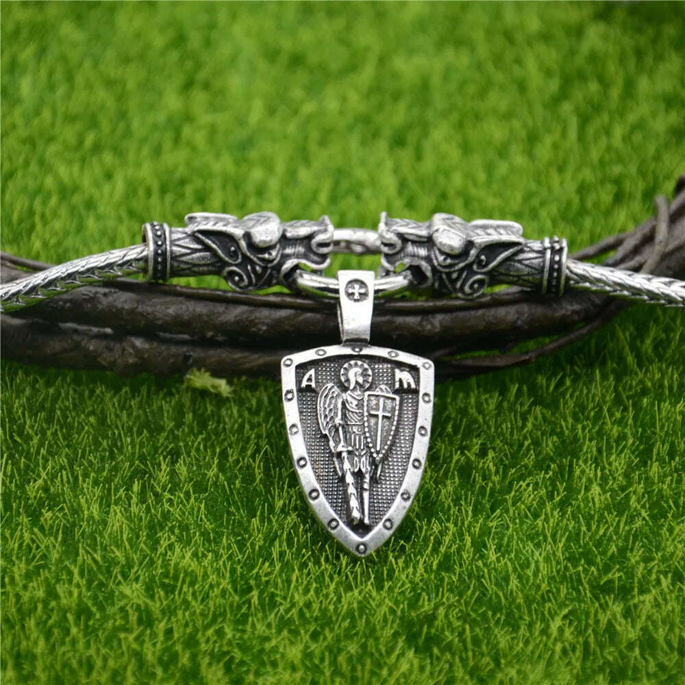 Nostalgia Archangel Michael Protect Us Saint Shield Pendant Wolf Head Amulet Talisman Metal Chain Viking Necklace Accessoires, Style 4, KIMLUD Women's Clothes