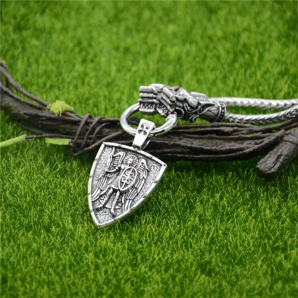 KIMLUD, Nostalgia Archangel Michael Protect Us Saint Shield Pendant Wolf Head Amulet Talisman Metal Chain Viking Necklace Accessoires, Style 2, KIMLUD Womens Clothes