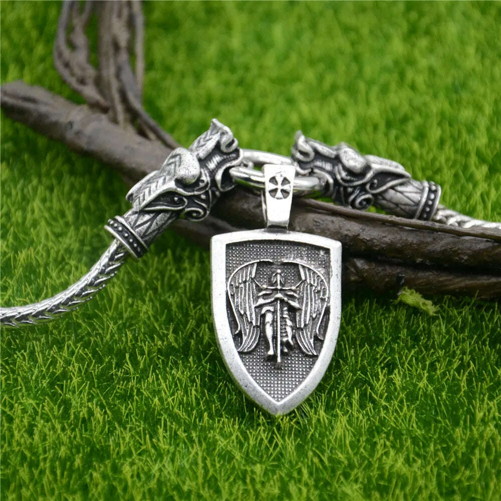 KIMLUD, Nostalgia Archangel Michael Protect Us Saint Shield Pendant Wolf Head Amulet Talisman Metal Chain Viking Necklace Accessoires, Style 1, KIMLUD Womens Clothes