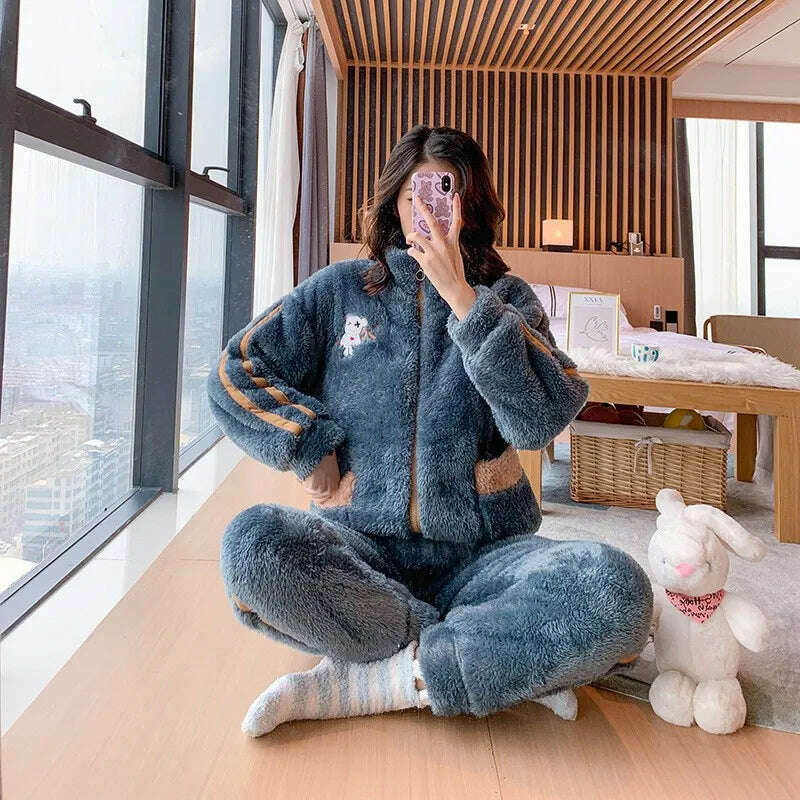Novelty Pajamas Winter Hooded Thick Flannel Pajamas Set Fat Laides Velvet Nightwear Sweatshirt Warm Kawaii Home Clothes - KIMLUD