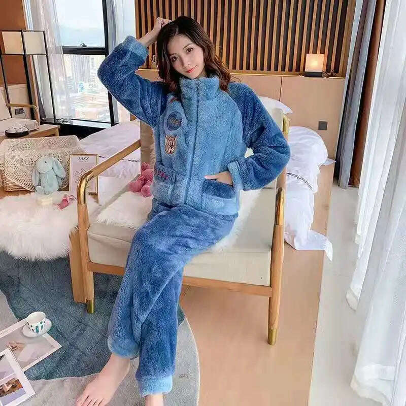 Novelty Pajamas Winter Hooded Thick Flannel Pajamas Set Fat Laides Velvet Nightwear Sweatshirt Warm Kawaii Home Clothes - KIMLUD