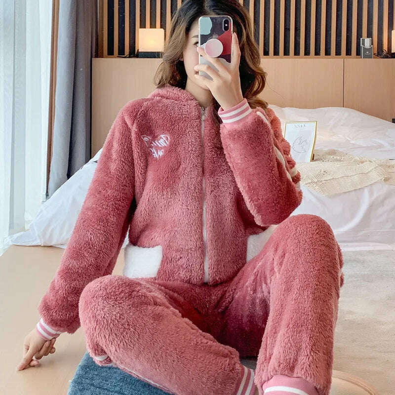 KIMLUD, Novelty Pajamas Winter Hooded Thick Flannel Pajamas Set Fat Laides Velvet Nightwear Sweatshirt Warm Kawaii Home Clothes, 532 pink / M(40-50kg), KIMLUD Women's Clothes