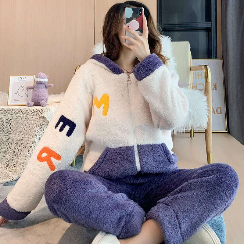 Novelty Pajamas Winter Hooded Thick Flannel Pajamas Set Fat Laides Velvet Nightwear Sweatshirt Warm Kawaii Home Clothes - KIMLUD