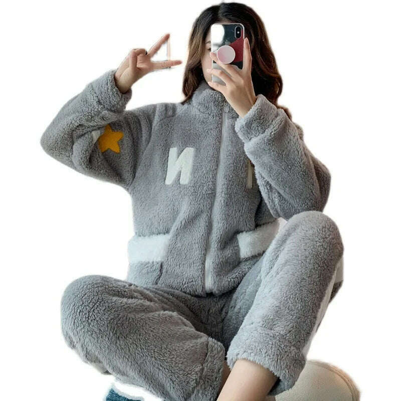 Novelty Pajamas Winter Hooded Thick Flannel Pajamas Set Fat Laides Velvet Nightwear Sweatshirt Warm Kawaii Home Clothes - KIMLUD