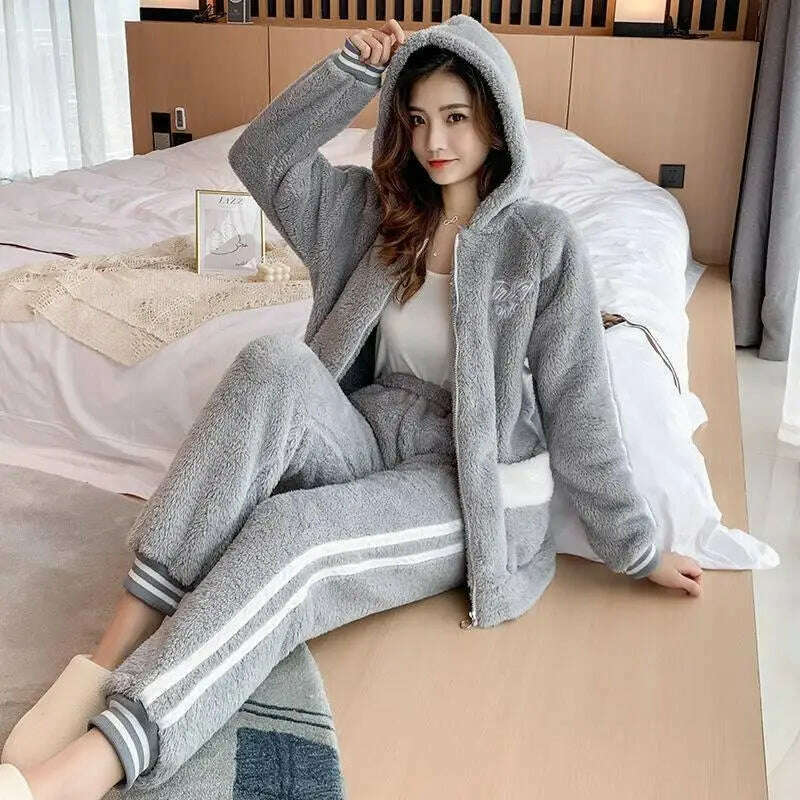 Novelty Pajamas Winter Hooded Thick Flannel Pajamas Set Fat Laides Velvet Nightwear Sweatshirt Warm Kawaii Home Clothes - KIMLUD