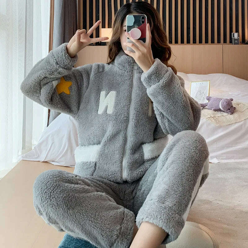 KIMLUD, Novelty Pajamas Winter Hooded Thick Flannel Pajamas Set Fat Laides Velvet Nightwear Sweatshirt Warm Kawaii Home Clothes, 533 gray / M(40-50kg), KIMLUD Womens Clothes
