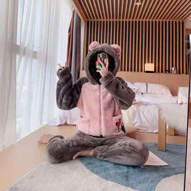 Novelty Pajamas Winter Hooded Thick Flannel Pajamas Set Fat Laides Velvet Nightwear Sweatshirt Warm Kawaii Home Clothes - KIMLUD