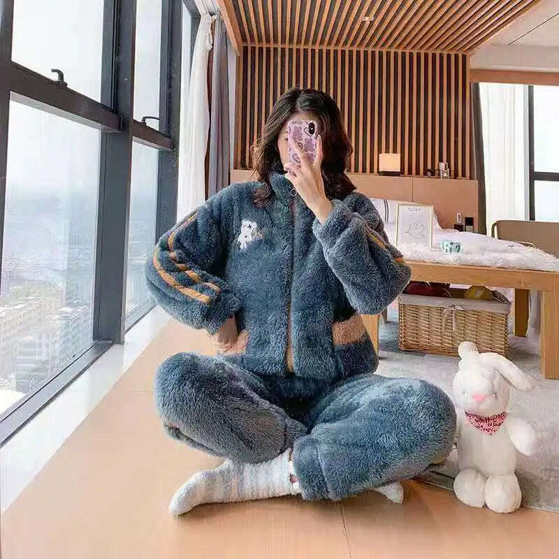 Novelty Pajamas Winter Hooded Thick Flannel Pajamas Set Fat Laides Velvet Nightwear Sweatshirt Warm Kawaii Home Clothes - KIMLUD