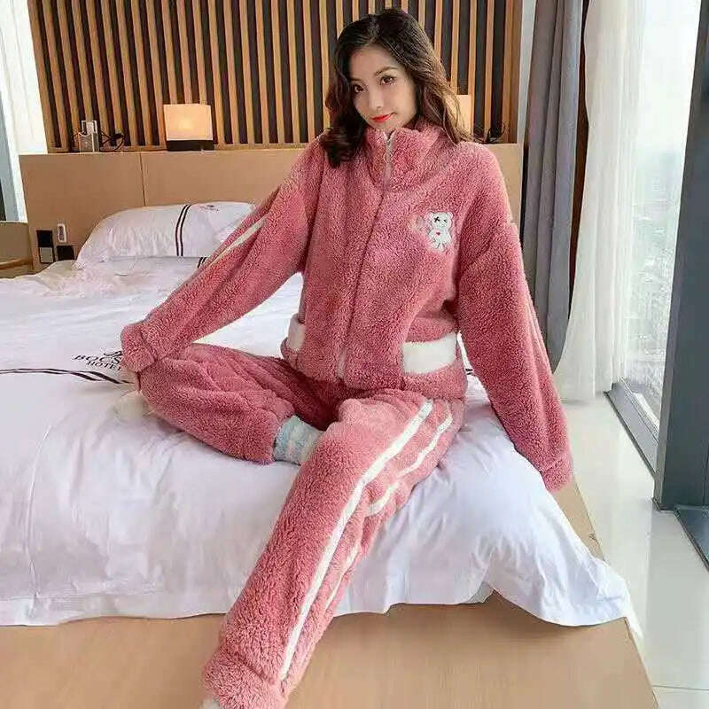 KIMLUD, Novelty Pajamas Winter Hooded Thick Flannel Pajamas Set Fat Laides Velvet Nightwear Sweatshirt Warm Kawaii Home Clothes, 538 pink / M(40-50kg), KIMLUD Womens Clothes