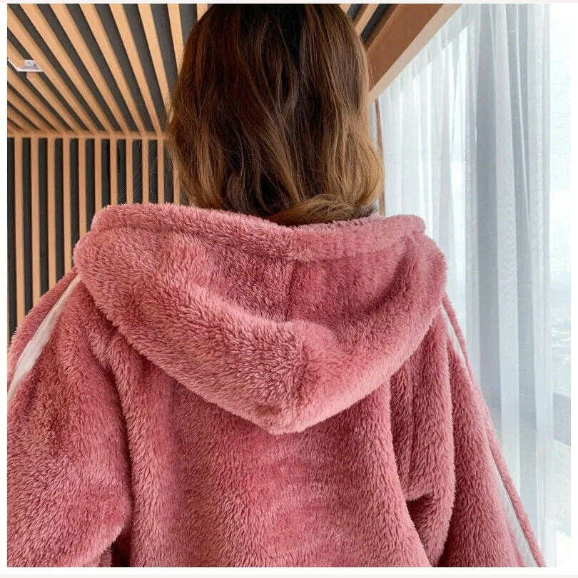 Novelty Pajamas Winter Hooded Thick Flannel Pajamas Set Fat Laides Velvet Nightwear Sweatshirt Warm Kawaii Home Clothes - KIMLUD