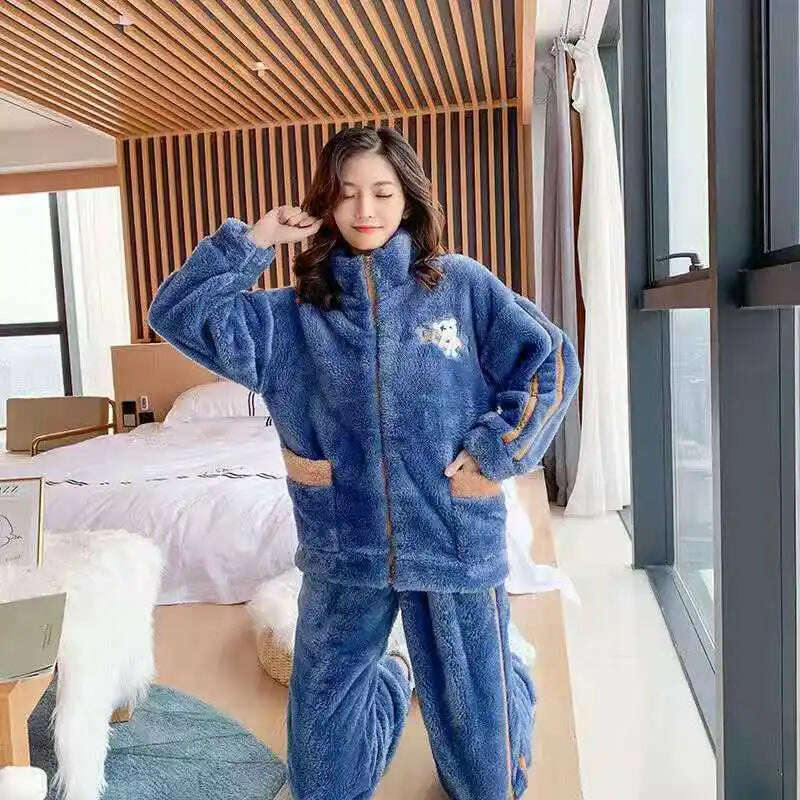 Novelty Pajamas Winter Hooded Thick Flannel Pajamas Set Fat Laides Velvet Nightwear Sweatshirt Warm Kawaii Home Clothes - KIMLUD