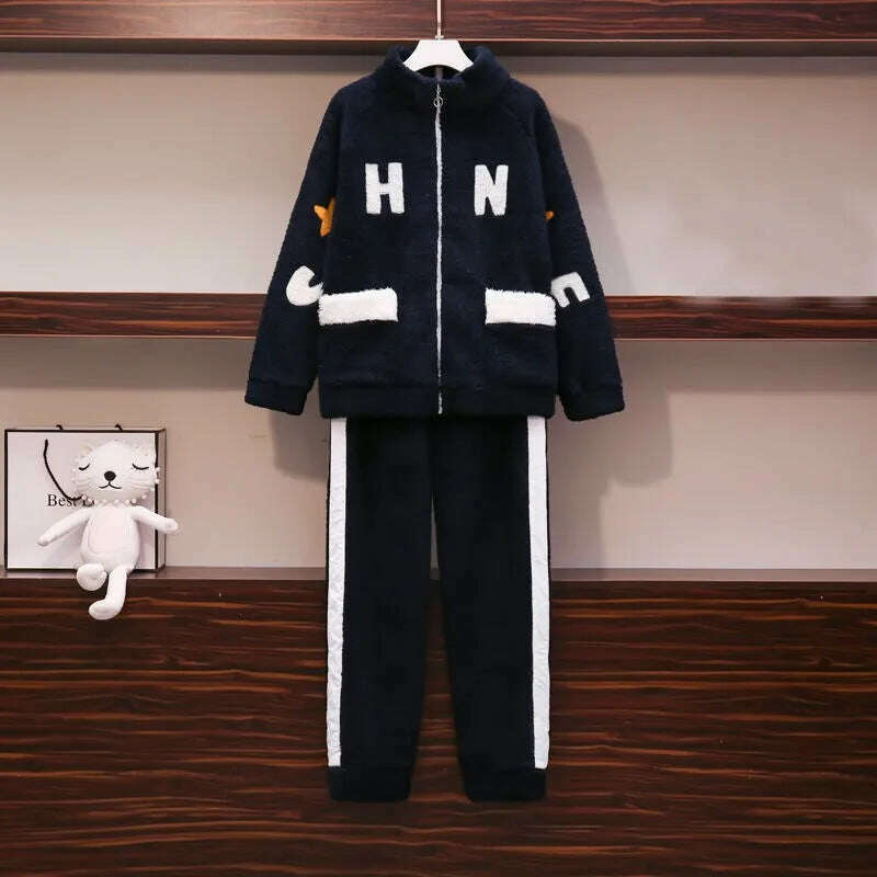 Novelty Pajamas Winter Hooded Thick Flannel Pajamas Set Fat Laides Velvet Nightwear Sweatshirt Warm Kawaii Home Clothes - KIMLUD