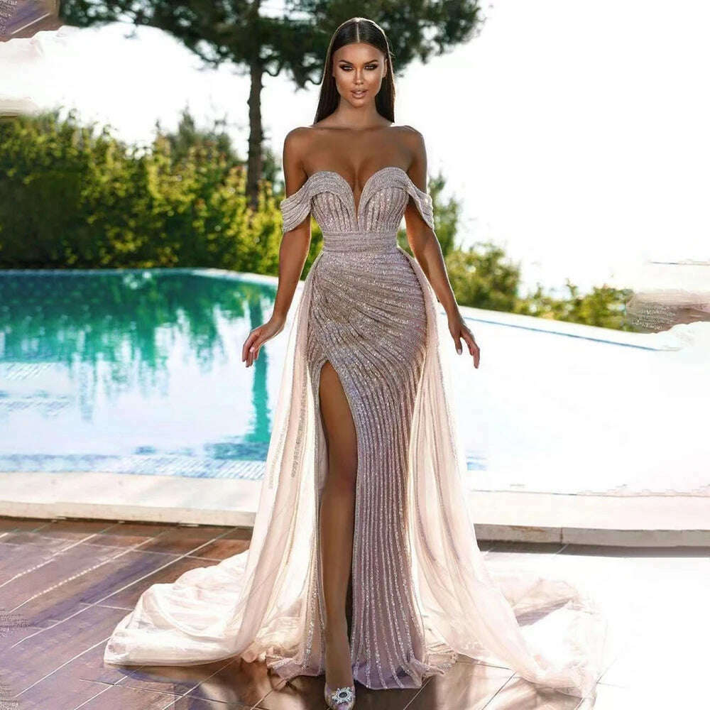 KIMLUD, Nude Mermaid Elegant With Overskirt  Off  Shoulder Beaded Split Evening Dresses Gowns For Woman Party 2023 BLA71728 Serene Hill, KIMLUD Womens Clothes