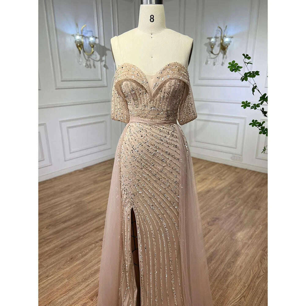 KIMLUD, Nude Mermaid Elegant With Overskirt  Off  Shoulder Beaded Split Evening Dresses Gowns For Woman Party 2023 BLA71728 Serene Hill, nude / 16, KIMLUD Women's Clothes