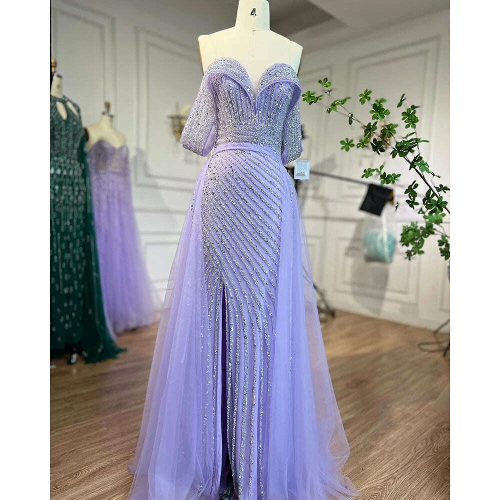 KIMLUD, Nude Mermaid Elegant With Overskirt  Off  Shoulder Beaded Split Evening Dresses Gowns For Woman Party 2023 BLA71728 Serene Hill, lilac / 6, KIMLUD APPAREL - Womens Clothes