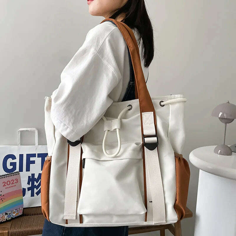 KIMLUD, Nylon Fabric Shoulder Crossbody Bags For Women Multi-pocket Drawstring Tote Bag Large Capacity Student Book Handbag, WHITE / 42x35x13cm, KIMLUD APPAREL - Womens Clothes