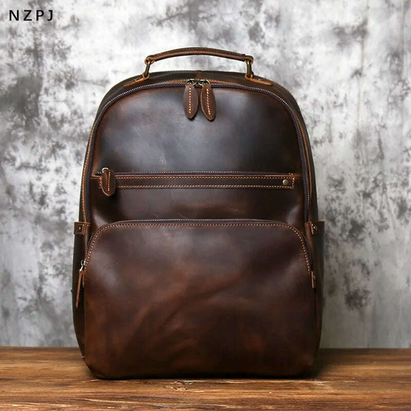 KIMLUD, NZPJ Retro Genuine Leather Men's Backpack Large Capacity Head Layer Leather Backpack Casual Crazy Horse Leather Laptop Bag, KIMLUD Womens Clothes