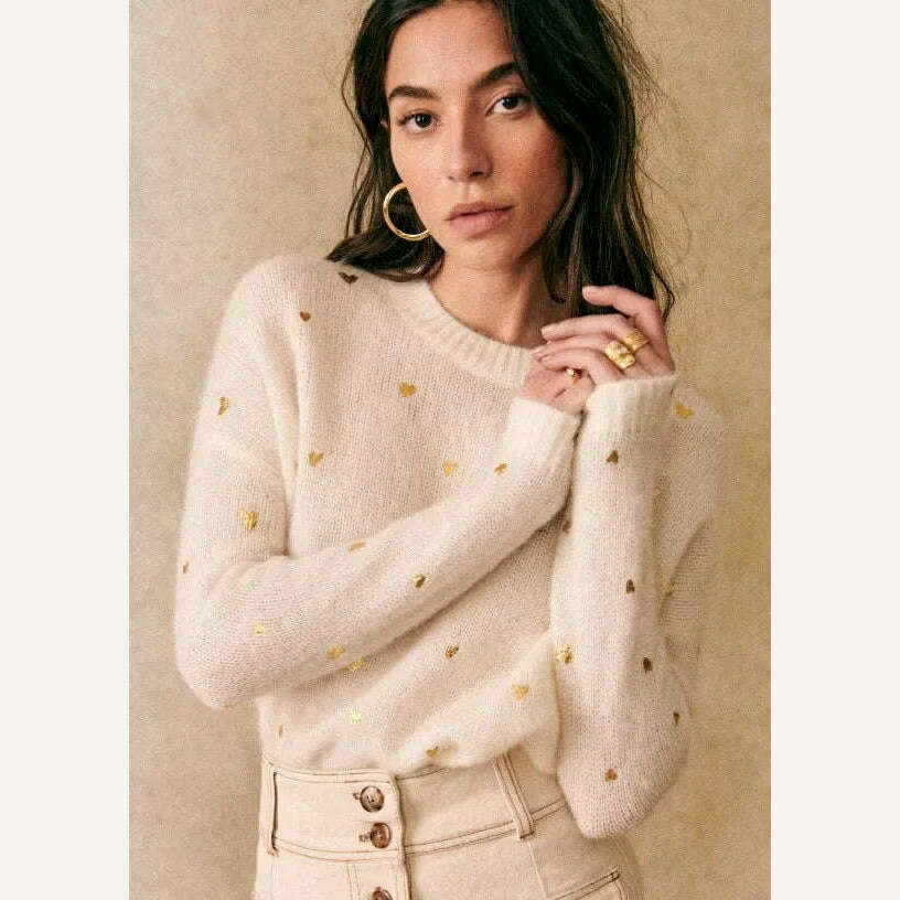 KIMLUD, O-neck Knitted Heart Metallic Print Sweaters Women Casual Eleagnt Long Sleeve Loose Pullover Top Fashion Commute Street Knitwear, White / S, KIMLUD APPAREL - Womens Clothes