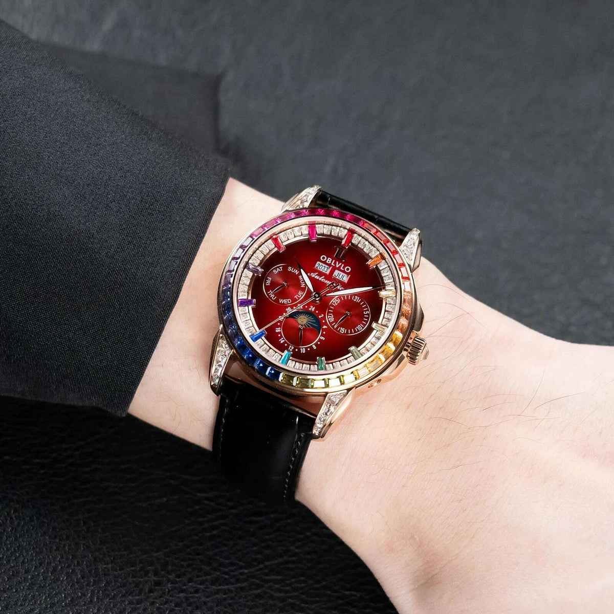 OBLVLO Men's Classic Watch with Colorful Diamonds Bezel Red Dial Mechanical Automatic Moonphase Multifunction Leather Strap GCM-MUT