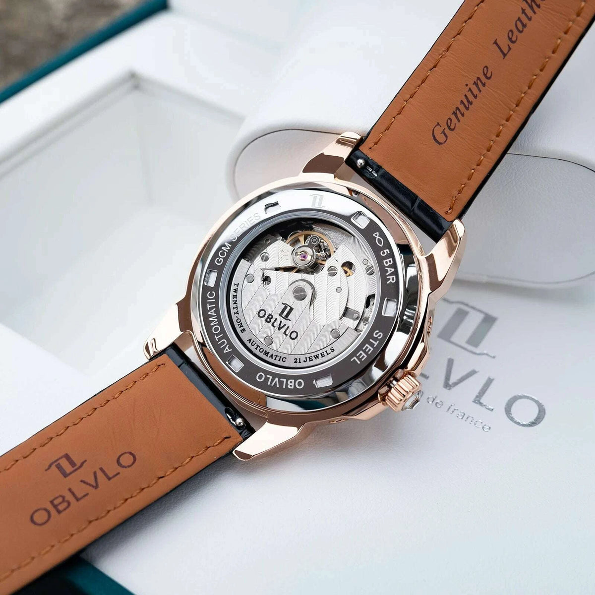 OBLVLO Men's Classic Watch with Colorful Diamonds Bezel Red Dial Mechanical Automatic Moonphase Multifunction Leather Strap GCM-MUT