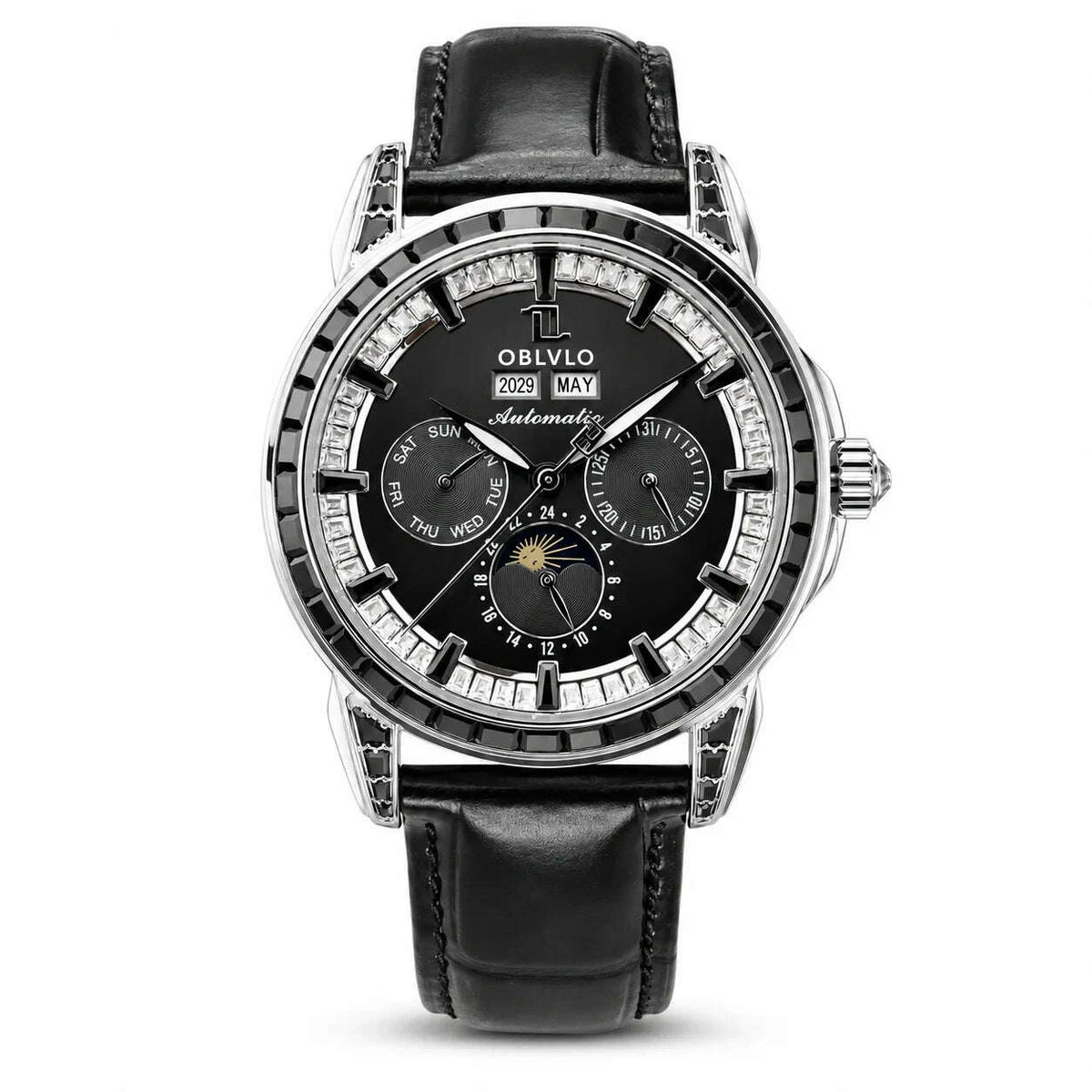 OBLVLO Men's Classic Watch with Colorful Diamonds Bezel Red Dial Mechanical Automatic Moonphase Multifunction Leather Strap GCM-MUT