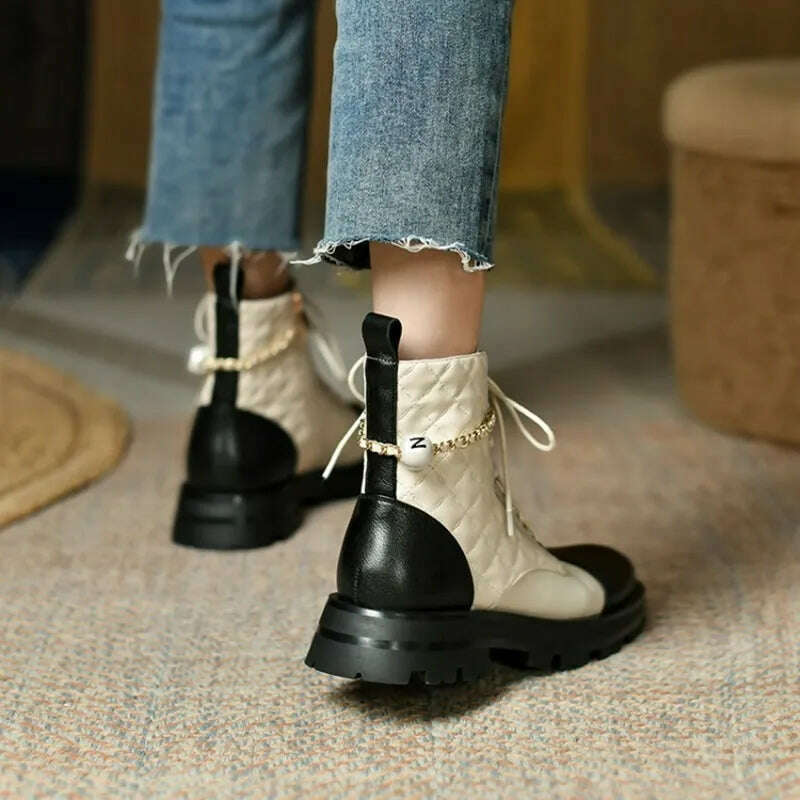 Ochanmeb 2022 Winter New Natural Genuine Cow Leather Boots for Women Luxury Brand Chain Pearl Quilted Boots Mixed Color Shoes 40 - KIMLUD