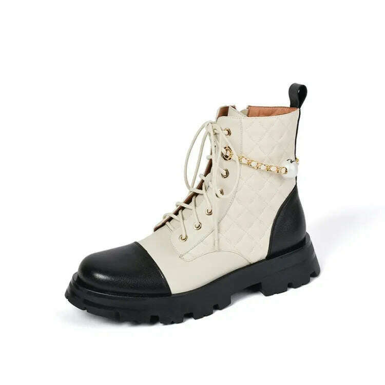 Ochanmeb 2022 Winter New Natural Genuine Cow Leather Boots for Women Luxury Brand Chain Pearl Quilted Boots Mixed Color Shoes 40 - KIMLUD