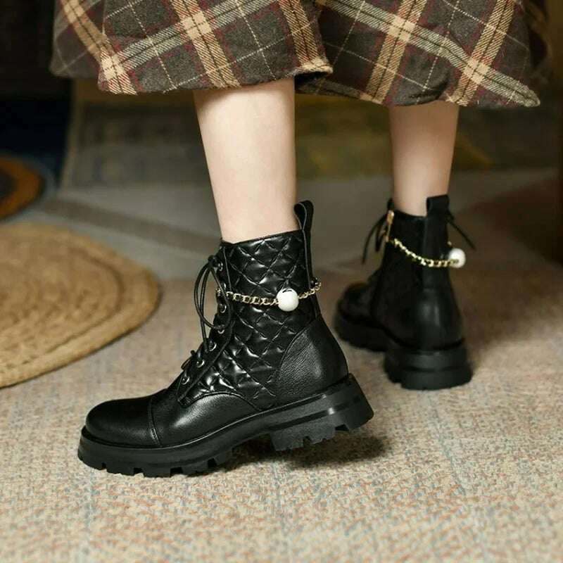 Ochanmeb 2022 Winter New Natural Genuine Cow Leather Boots for Women Luxury Brand Chain Pearl Quilted Boots Mixed Color Shoes 40 - KIMLUD