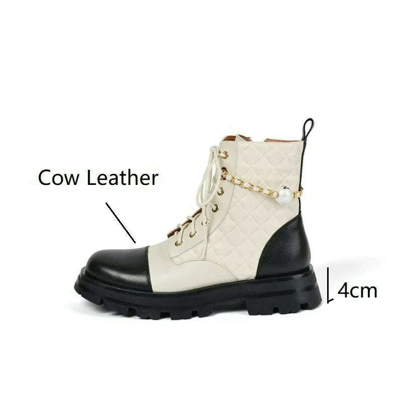 Ochanmeb 2022 Winter New Natural Genuine Cow Leather Boots for Women Luxury Brand Chain Pearl Quilted Boots Mixed Color Shoes 40 - KIMLUD