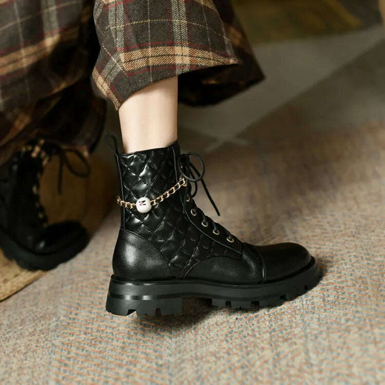Ochanmeb 2022 Winter New Natural Genuine Cow Leather Boots for Women Luxury Brand Chain Pearl Quilted Boots Mixed Color Shoes 40 - KIMLUD