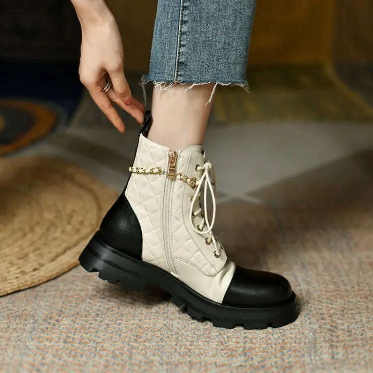 Ochanmeb 2022 Winter New Natural Genuine Cow Leather Boots for Women Luxury Brand Chain Pearl Quilted Boots Mixed Color Shoes 40 - KIMLUD