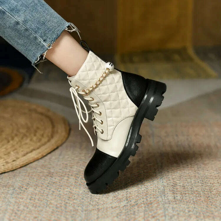 Ochanmeb 2022 Winter New Natural Genuine Cow Leather Boots for Women Luxury Brand Chain Pearl Quilted Boots Mixed Color Shoes 40 - KIMLUD